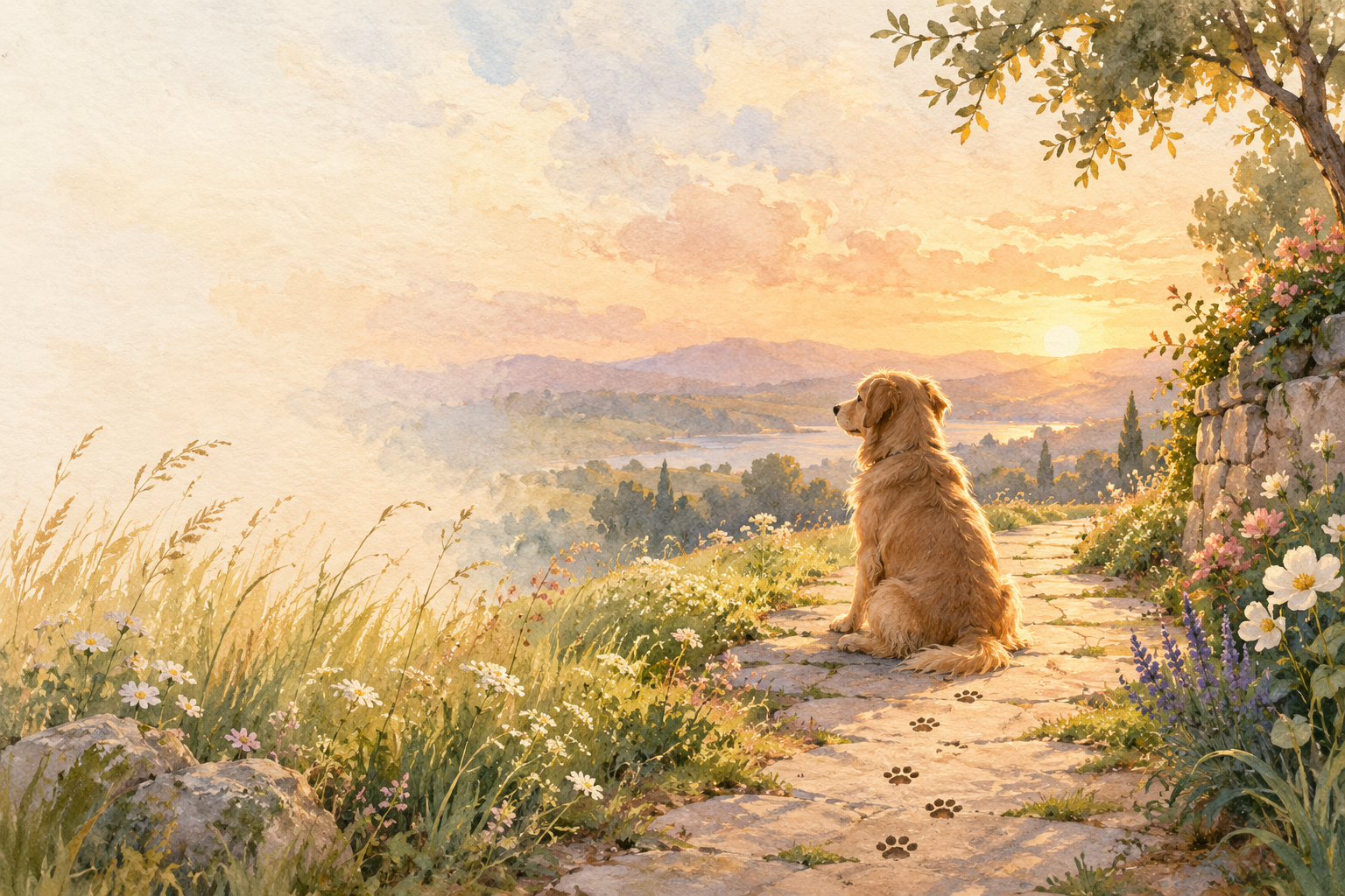 Memorial artwork: a golden retriever on a sunset garden path, looking toward warm hills.